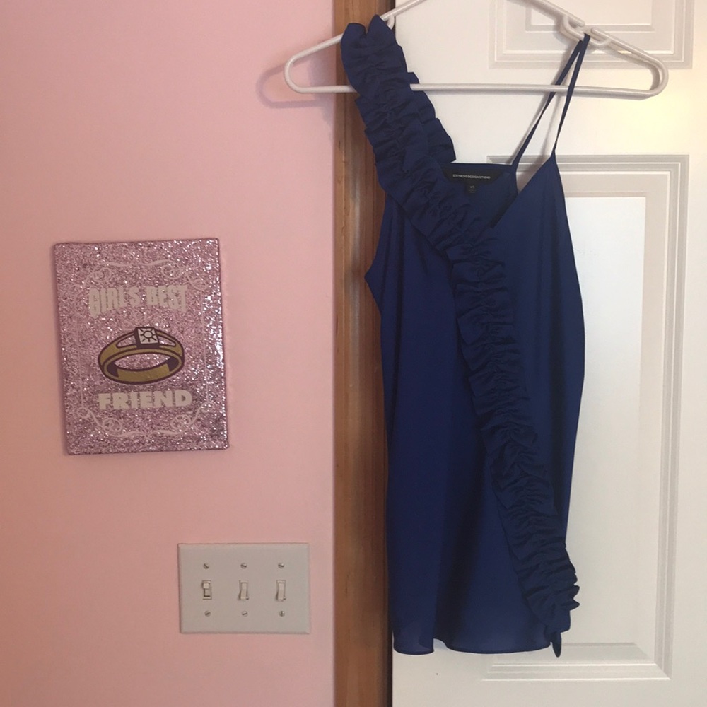 NWT Express royal blue tank with ruffle over shoulder